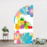 Aperturee - Aperturee Vibrant Cartoon Fruit Half Moon Arch Backdrop with Tropical Leaves Cheerful Summer Birthday Party Decor