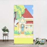 Aperturee - Aperturee Vibrant Cartoon House Rectangle Arch Backdrop Featuring Red Roof Blue Door for Kids Party Decoration
