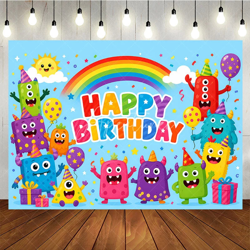 Aperturee - Aperturee Vibrant Cartoon Monster Happy Birthday Backdrop with Rainbow Balloons and Confetti Playful Party Decor