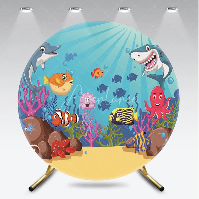 Aperturee - Aperturee Vibrant Cartoon Underwater Ocean Round Backdrop featuring Dolphin Shark and Sea Creatures for Kids Party