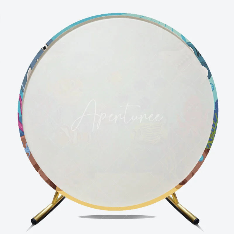 Aperturee - Aperturee Vibrant Cartoon Underwater Ocean Round Backdrop featuring Dolphin Shark and Sea Creatures for Kids Party