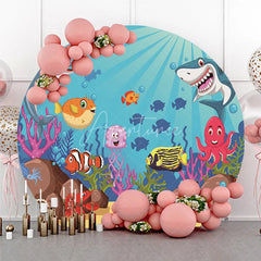 Aperturee - Aperturee Vibrant Cartoon Underwater Ocean Round Backdrop featuring Dolphin Shark and Sea Creatures for Kids Party