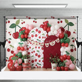 Aperturee - Aperturee Vibrant Cherry Pattern Photography Backdrop with Red and Green Balloons Sweet Fruit Theme Birthday Party Decor