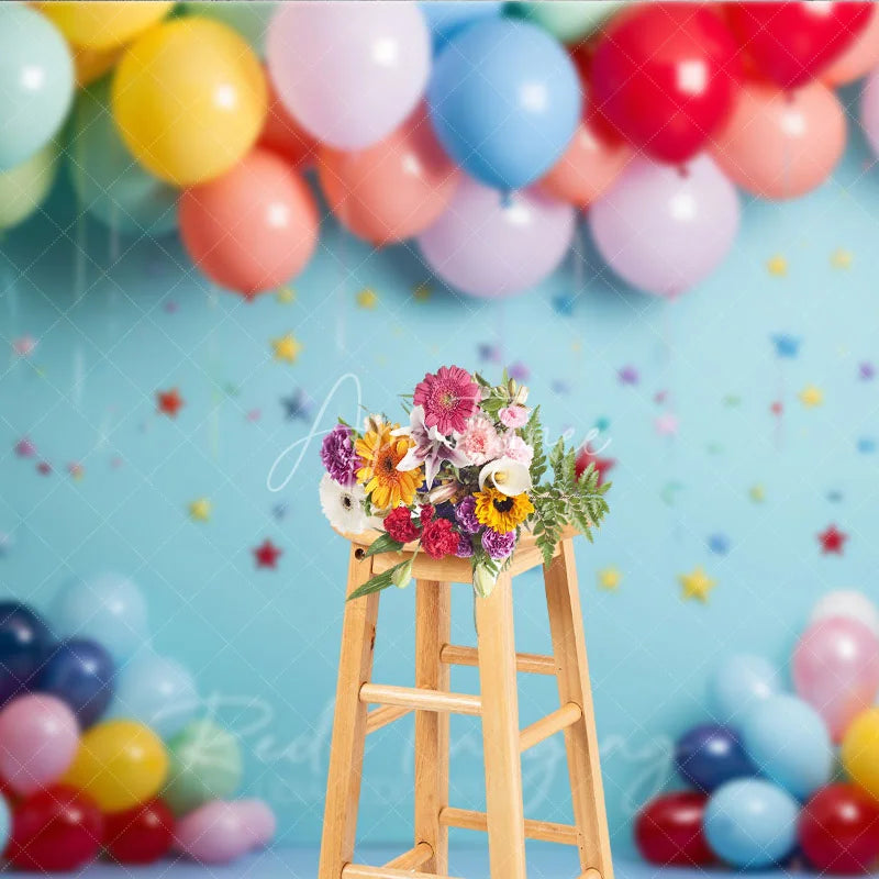 Aperturee - Aperturee Vibrant Colorful Balloons and Star Confetti Sky Blue Photography Backdrop Perfect for Birthday Party and Baby Shower