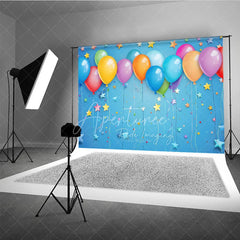 Aperturee - Aperturee Vibrant Colorful Balloons and Stars Photography Backdrop Festive Blue Background for Birthday Party Celebration