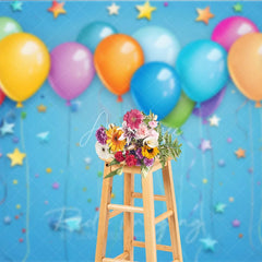 Aperturee - Aperturee Vibrant Colorful Balloons and Stars Photography Backdrop Festive Blue Background for Birthday Party Celebration