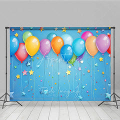 Aperturee - Aperturee Vibrant Colorful Balloons and Stars Photography Backdrop Festive Blue Background for Birthday Party Celebration