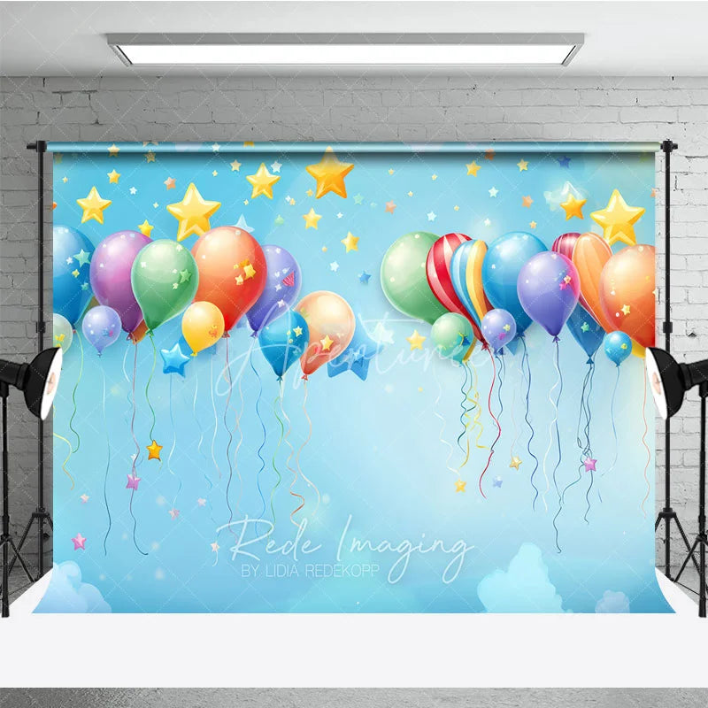 Aperturee - Aperturee Vibrant Colorful Balloons and Stars Photography Backdrop Light Blue Sky Festive Celebration Party Decor for Kids