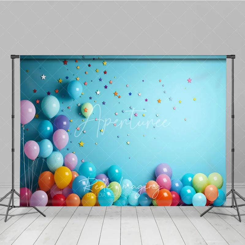 Aperturee - Aperturee Vibrant Colorful Balloons and Stars Photography Backdrop Light Blue Wall for Birthday Party Celebration
