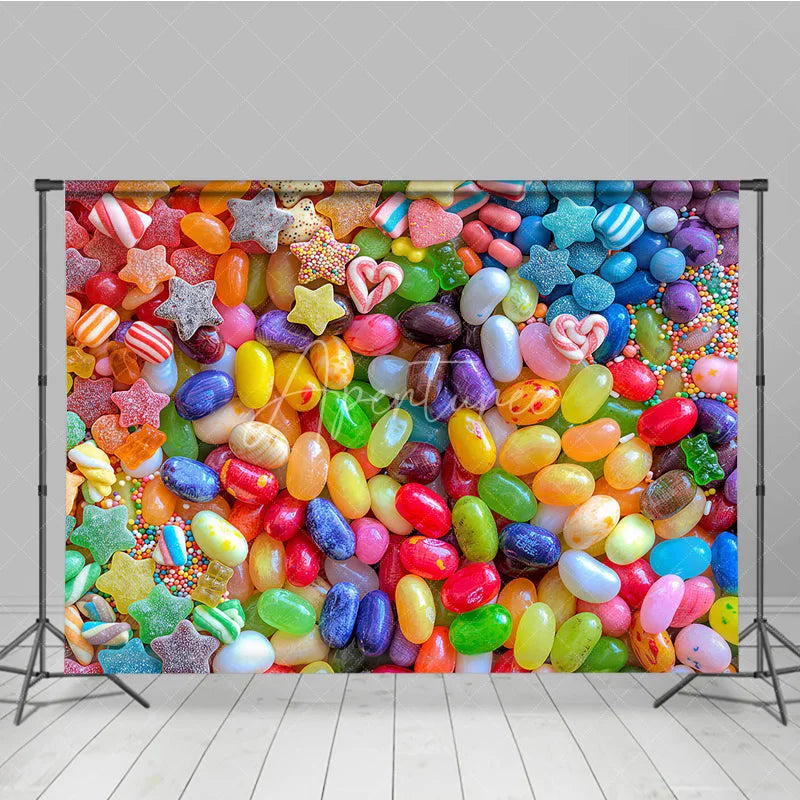 Aperturee - Aperturee Vibrant Colorful Candy Jelly Bean and Gummy Star Photography Backdrop Sweet Treat Dessert Table Party Decor