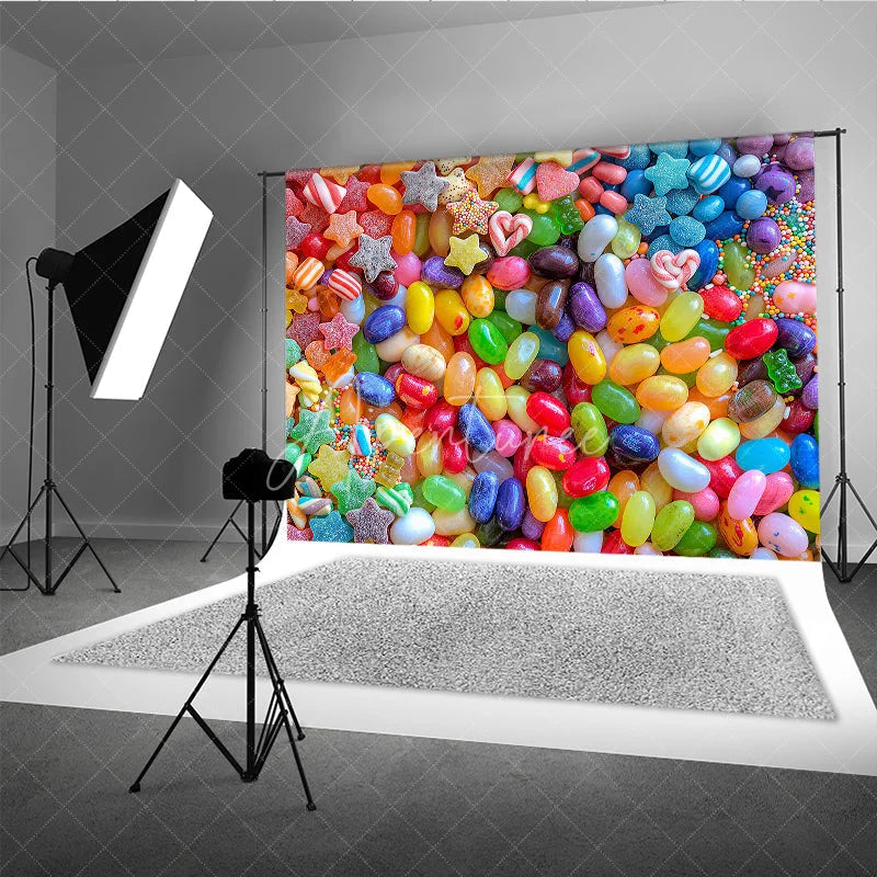 Aperturee - Aperturee Vibrant Colorful Candy Jelly Bean and Gummy Star Photography Backdrop Sweet Treat Dessert Table Party Decor