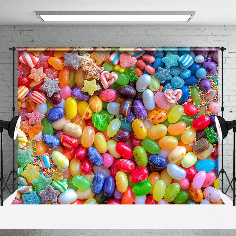 Aperturee - Aperturee Vibrant Colorful Candy Jelly Bean and Gummy Star Photography Backdrop Sweet Treat Dessert Table Party Decor