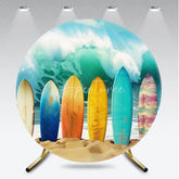 Aperturee - Aperturee Vibrant Colorful Surfboards on Sandy Beach with Crashing Ocean Wave Summer Tropical Party Round Backdrop