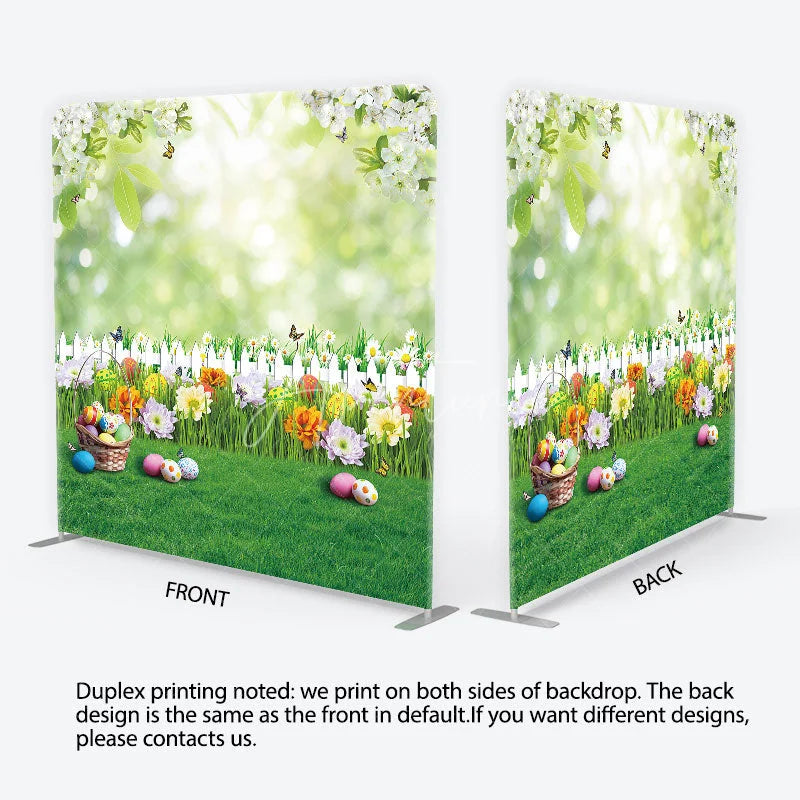 Aperturee - Aperturee Vibrant Easter Eggs and Spring Flowers Square Double-Sided Backdrop Green Garden Fence Photo Booth Decor