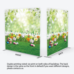 Aperturee - Aperturee Vibrant Easter Eggs and Spring Flowers Square Double-Sided Backdrop Green Garden Fence Photo Booth Decor