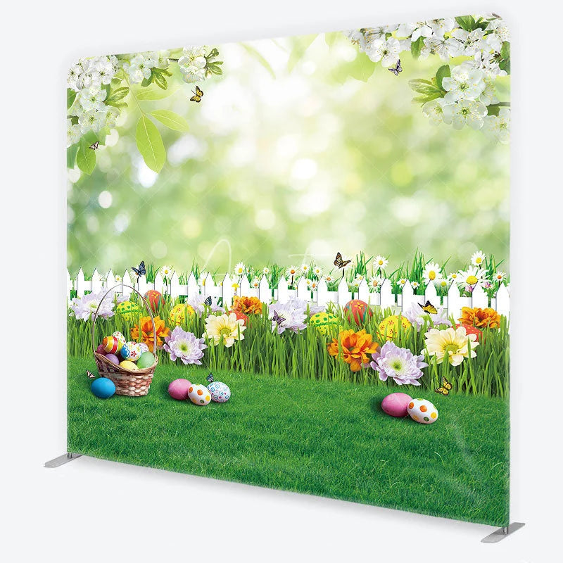 Aperturee - Aperturee Vibrant Easter Eggs and Spring Flowers Square Double-Sided Backdrop Green Garden Fence Photo Booth Decor