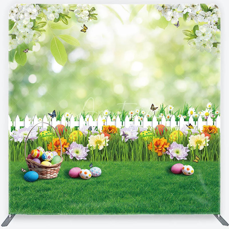 Aperturee - Aperturee Vibrant Easter Eggs and Spring Flowers Square Double-Sided Backdrop Green Garden Fence Photo Booth Decor