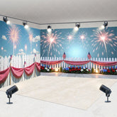 Aperturee - Aperturee Vibrant Fireworks and American Flag Picket Fence Room Set Backdrop Patriotic Celebration Photo Booth Decor