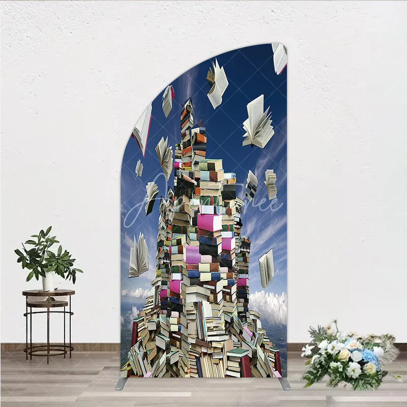 Aperturee - Aperturee Vibrant Floating Books and Blue Sky Half Moon Arch Backdrop Educational Literary Theme Party Decor