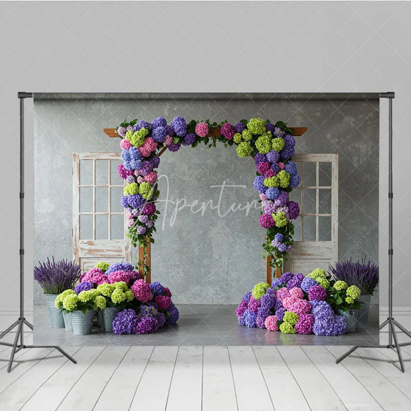 Aperturee - Aperturee Vibrant Floral Arch with Purple Pink Hydrangeas Photography Backdrop Rustic Wooden Doors for Spring Garden Party