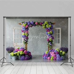 Aperturee - Aperturee Vibrant Floral Arch with Purple Pink Hydrangeas Photography Backdrop Rustic Wooden Doors for Spring Garden Party