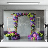 Aperturee - Aperturee Vibrant Floral Arch with Purple Pink Hydrangeas Photography Backdrop Rustic Wooden Doors for Spring Garden Party