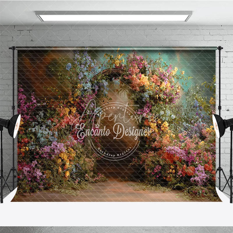 Aperturee - Aperturee Vibrant Floral Archway Photography Backdrop with Lush Greenery Enchanted Garden Wedding Birthday Party Decor
