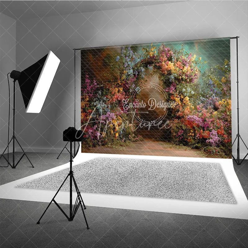 Aperturee - Aperturee Vibrant Floral Archway Photography Backdrop with Lush Greenery Enchanted Garden Wedding Birthday Party Decor