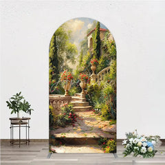 Aperturee - Aperturee Vibrant Garden Classical Architecture Round Top Arch Backdrop Stone Staircase and Floral Urns Decor