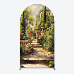 Aperturee - Aperturee Vibrant Garden Classical Architecture Round Top Arch Backdrop Stone Staircase and Floral Urns Decor