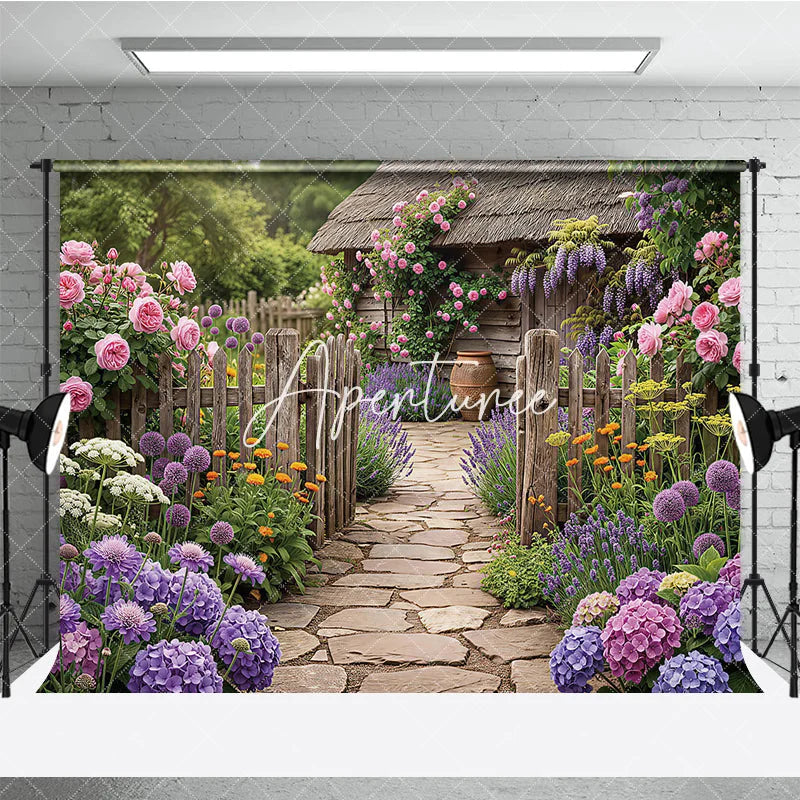 Aperturee - Aperturee Vibrant Garden Photography Backdrop with Rustic Wooden Fence Stone Path Blooming Roses and Purple Lavender