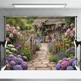 Aperturee - Aperturee Vibrant Garden Photography Backdrop with Rustic Wooden Fence Stone Path Blooming Roses and Purple Lavender