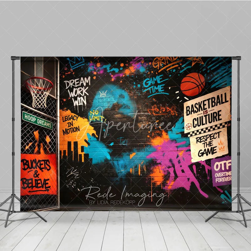 Aperturee - Aperturee Vibrant Graffiti Basketball Photography Backdrop Urban Street Art with Motivational Quotes Sports Theme Party