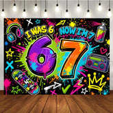 Aperturee - Aperturee Vibrant Graffiti Neon I Was 6 Now I’m 7 Birthday Backdrop Colorful Skateboard Boombox Headphones Party Decor.
