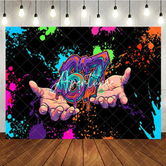 Aperturee - Aperturee Vibrant Graffiti Style Neon Paint Splatter 67th Birthday Backdrop with Hands Energetic Party Decor