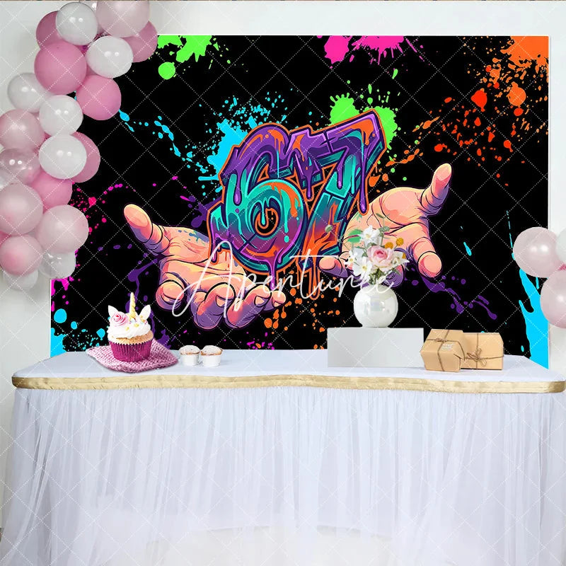 Aperturee - Aperturee Vibrant Graffiti Style Neon Paint Splatter 67th Birthday Backdrop with Hands Energetic Party Decor