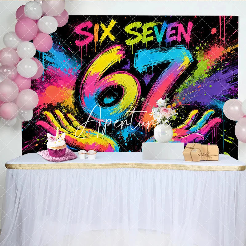 Aperturee - Aperturee Vibrant Graffiti Style Six Seven 67 Birthday Backdrop with Neon Paint Splatter Colorful Celebration Party Decor
