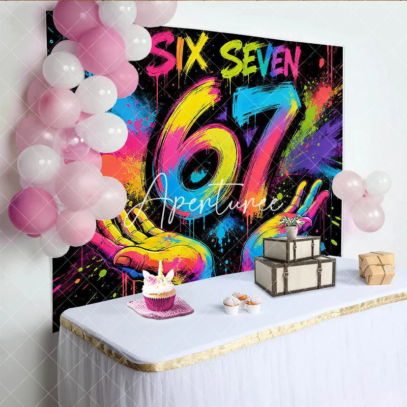 Aperturee - Aperturee Vibrant Graffiti Style Six Seven 67 Birthday Backdrop with Neon Paint Splatter Colorful Celebration Party Decor
