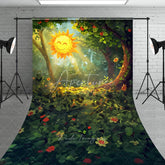 Aperturee - Aperturee Vibrant Green Forest Sweep Backdrop featuring a Smiling Sun and Dappled Light ideal for Spring Photography