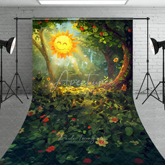 Aperturee - Aperturee Vibrant Green Forest Sweep Backdrop featuring a Smiling Sun and Dappled Light ideal for Spring Photography