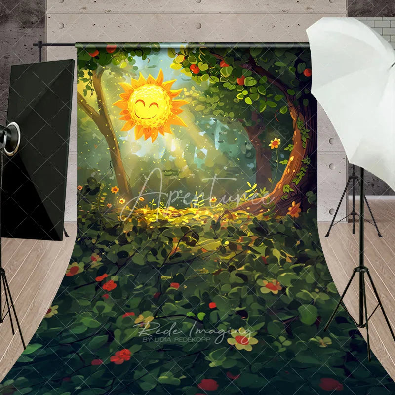 Aperturee - Aperturee Vibrant Green Forest Sweep Backdrop featuring a Smiling Sun and Dappled Light ideal for Spring Photography