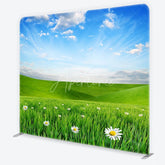 Aperturee - Aperturee Vibrant Green Meadow with White Daisies Square Double-Sided Backdrop Spring Outdoor Party Decor