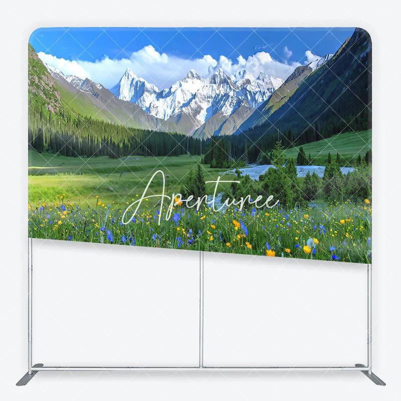 Aperturee - Aperturee Vibrant Green Meadow with Wildflowers and Snow-Capped Mountains Square Double-Sided Backdrop Scenic Nature View