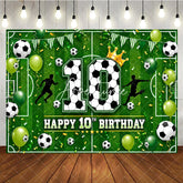Aperturee - Aperturee Vibrant Green Soccer Field 10th Birthday Backdrop with Footballs and Balloons Golden Crown Sports Party Decor