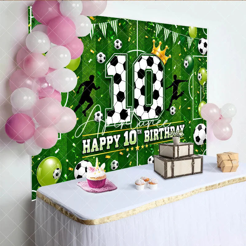 Aperturee - Aperturee Vibrant Green Soccer Field 10th Birthday Backdrop with Footballs and Balloons Golden Crown Sports Party Decor