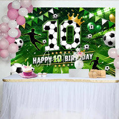 Aperturee - Aperturee Vibrant Green Soccer Field Happy 10th Birthday Backdrop with Players Balls and Golden Crown Sporty Party Decor