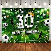 Aperturee - Aperturee Vibrant Green Soccer Field Happy 10th Birthday Backdrop with Players Balls and Golden Crown Sporty Party Decor