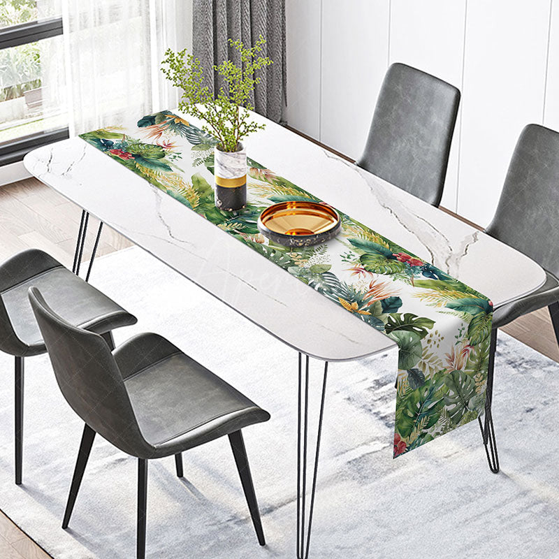 Aperturee - Aperturee Vibrant Green Tropical Plant Table Runner for Summer Jungle and Botanical Themed Kitchen Dining Decor