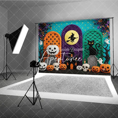 Aperturee - Aperturee Vibrant Halloween Archways Photography Backdrop Witch on Moon Black Cat Pumpkins and Ghosts Spooky Party Decor