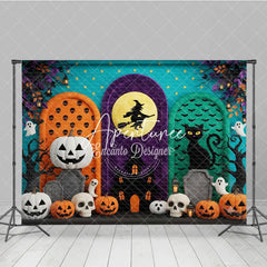 Aperturee - Aperturee Vibrant Halloween Archways Photography Backdrop Witch on Moon Black Cat Pumpkins and Ghosts Spooky Party Decor